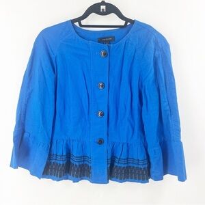 ✅ Ann Taylor Linen Blend Bell Sleeve Embroidered Blazer Jacket MEDIUM BLUE/BLACK